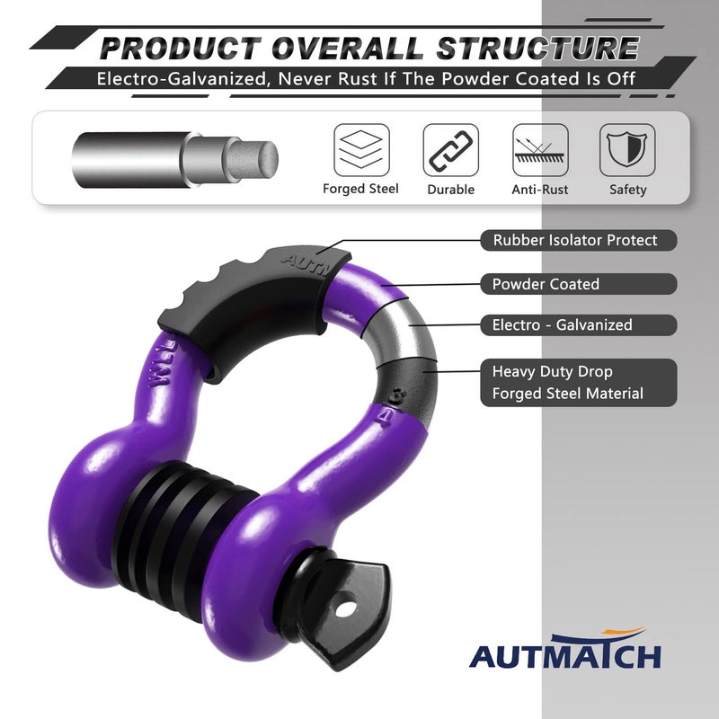 AUTMATCH D Ring تكبل 3/4 بوصة (عبوتان) - تكبل Clevis 41,887 رطل قوة كسر مع دبوس لولبي 7/8 بوصة ومجموعة غسالات عازلة لحزام السحب ونش استعادة المركبات على الطرق الوعرة، أرجواني - Image 4